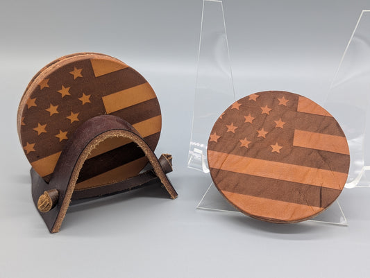 Locally-Made American Flag Leather Coasters, Set of 4