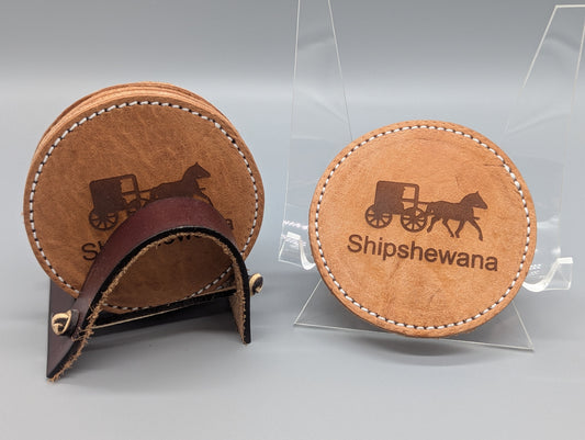 Locally-Made Shipshewana Horse and Buggy Leather Coasters, Set of 4